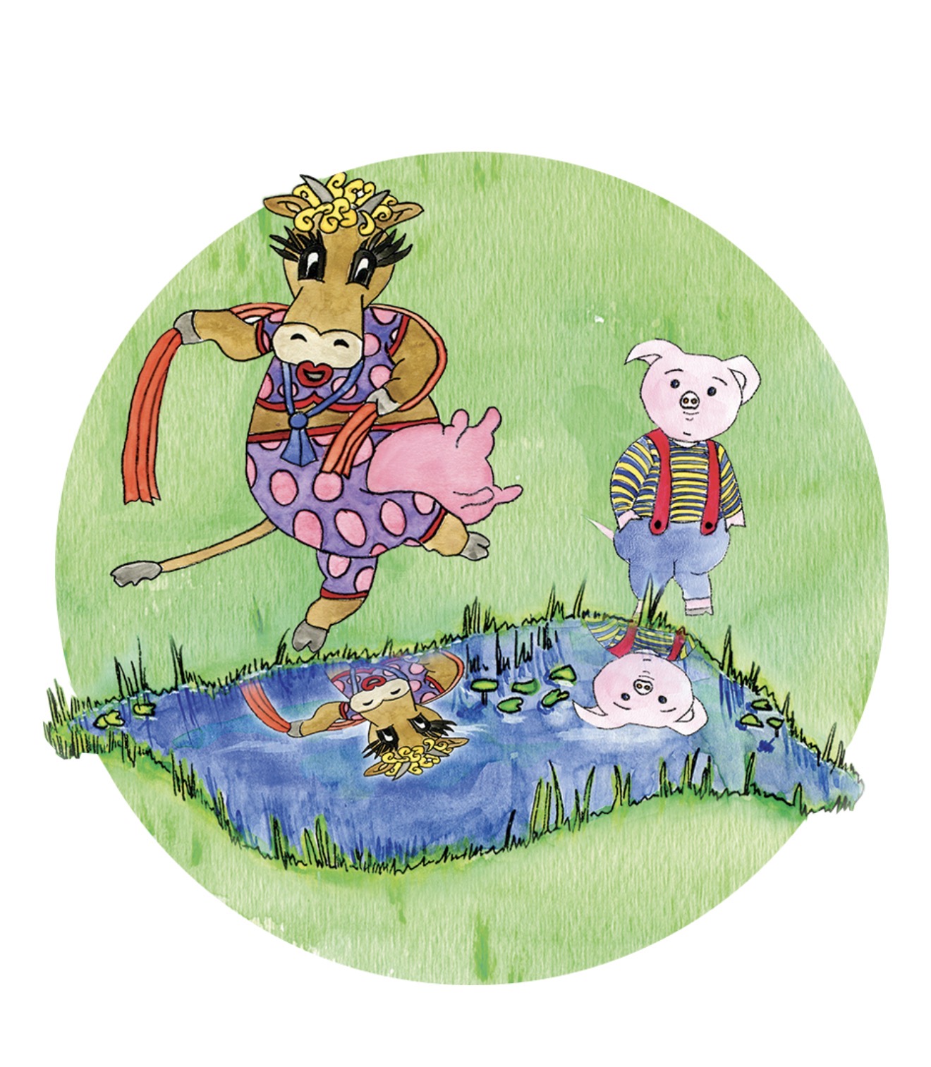 Children’s book illustration featuring a cow and pig beside a pond by author Deborah Crews