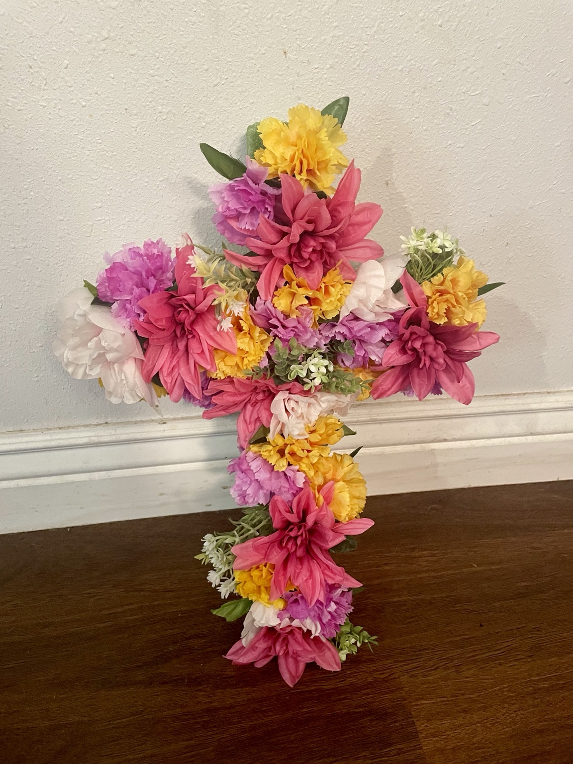 Bright pink, yellow, and white floral arrangement by Krissy’s Florals